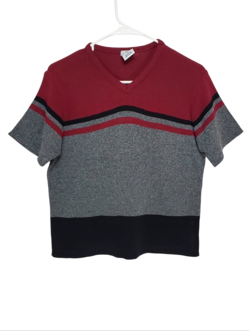 Ellemenno Vintage Colorblock V Neck Knit Sweater Gray Red Black Size L